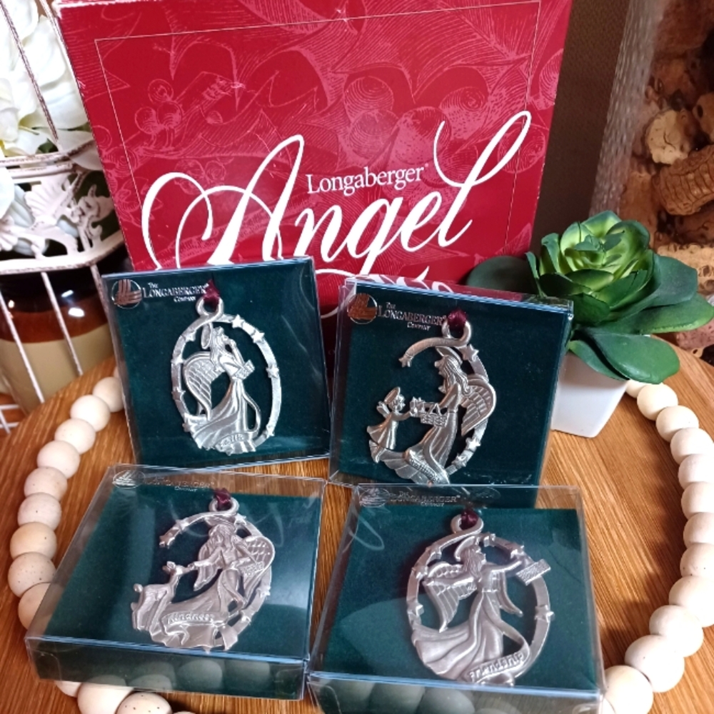 ❤️‍🔥 4pc. New Longaberger Angel Pewter Christmas Ornaments Set In Box